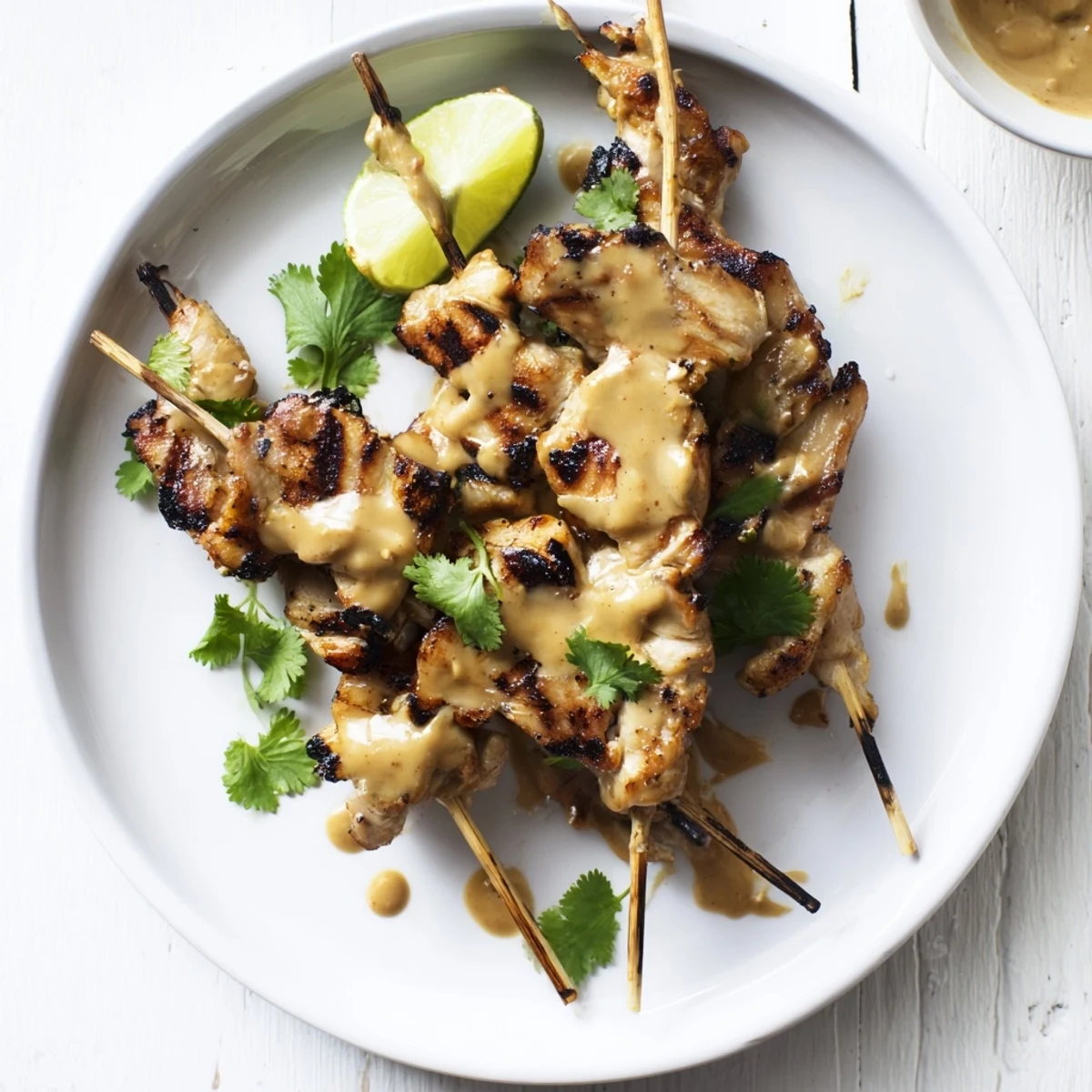 Flavorful grilled chicken satay skewers glistening with a rich, creamy peanut sauce, ready to be enjoyed.