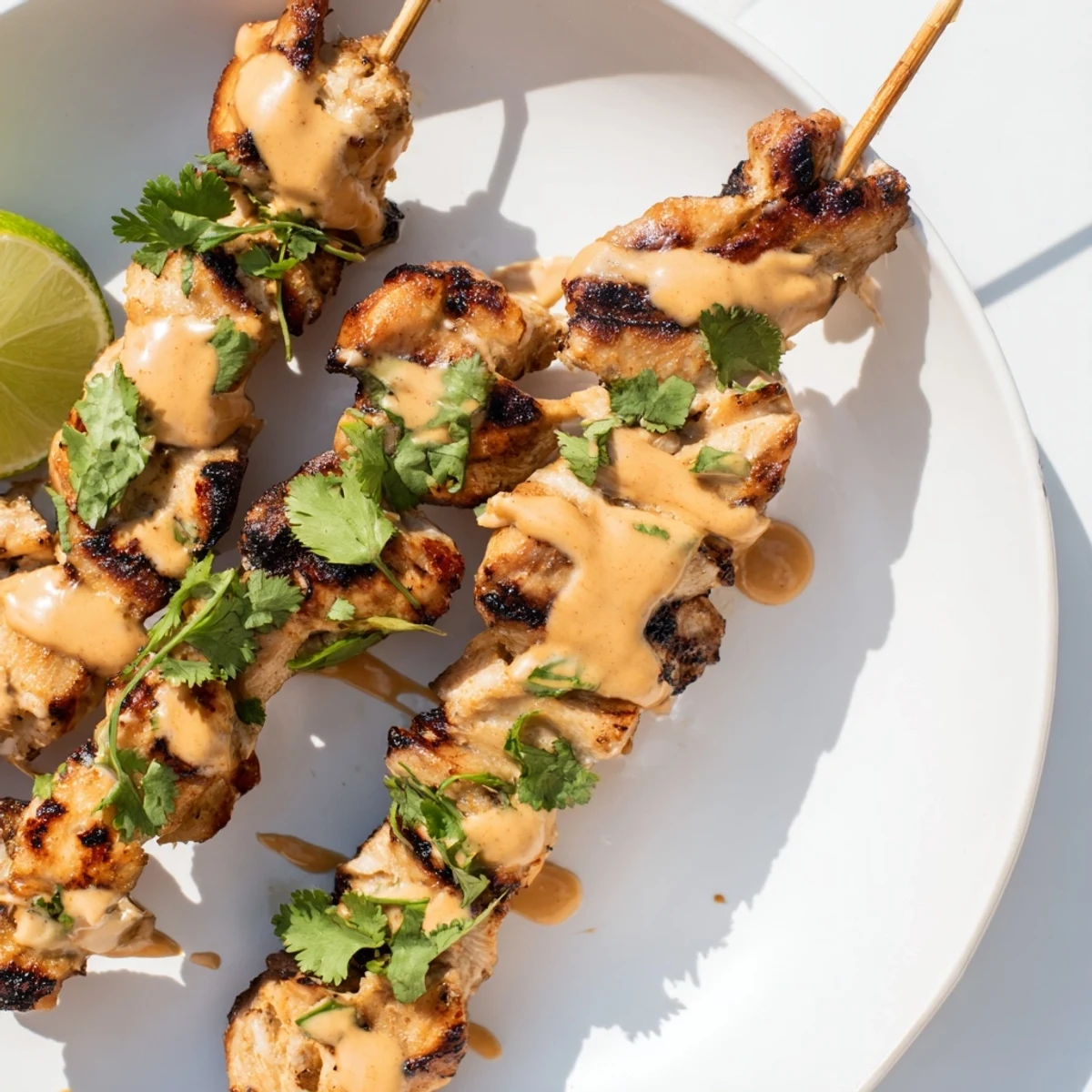 Close-up of golden-brown grilled chicken satay with a vibrant peanut sauce and fresh garnish alongside.
