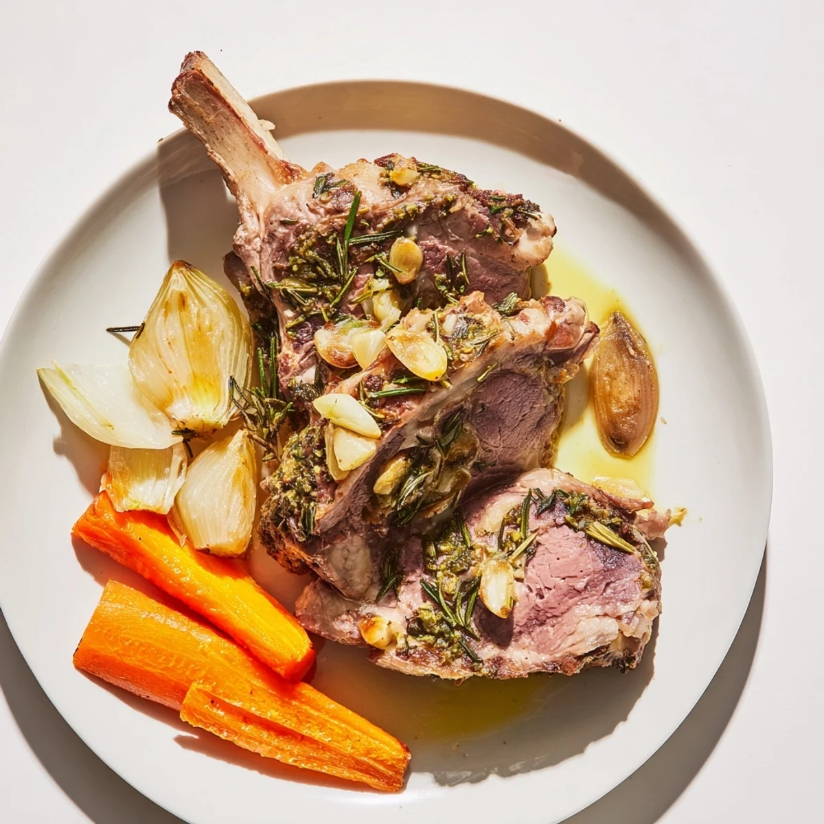 Golden-brown roasted leg of lamb, glistening with herbs, ready for a flavorful Sunday supper.