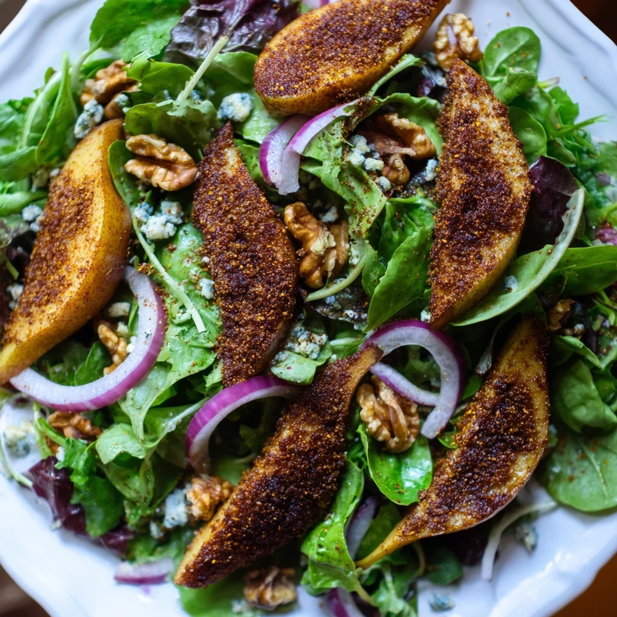 Freshly tossed Spiced Pear and Walnut Salad, featuring glazed pears and toasted walnuts, ready to enjoy.