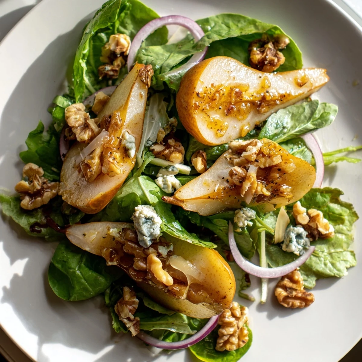 A colorful Spiced Pear and Walnut Salad with honey-mustard dressing, perfect for a light vegetarian meal.
