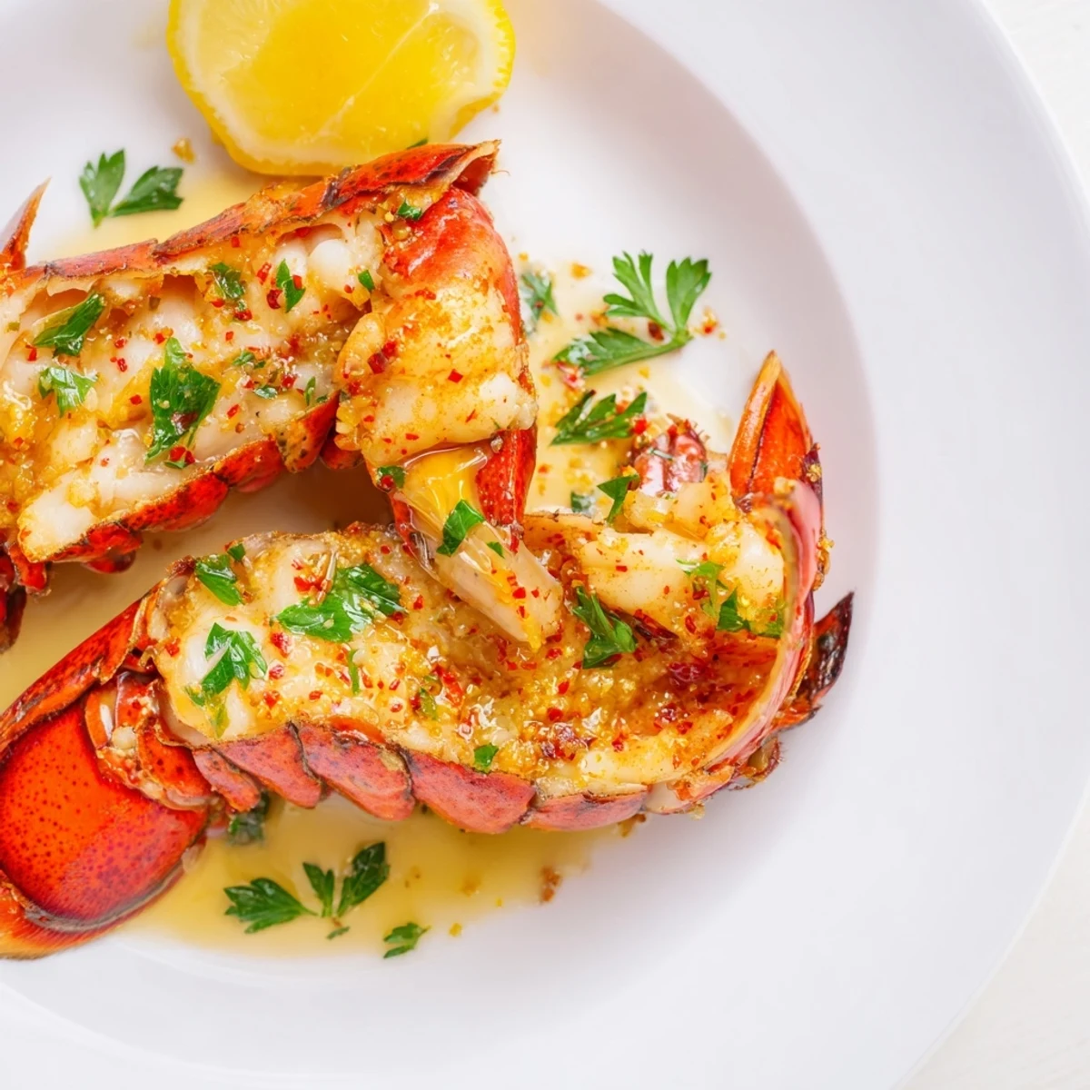 Golden-brown Garlic Butter Lobster Claws, dripping with savory butter, are ready for serving, garnished with parsley.