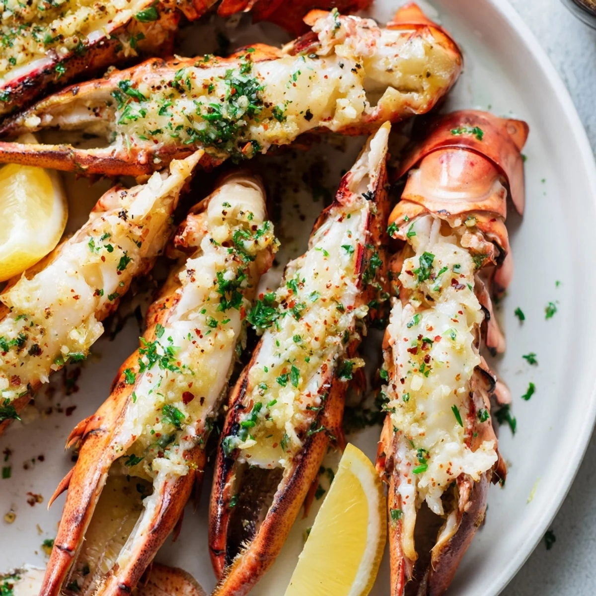 Buttery Garlic Butter Lobster Claws glistening, a perfect pescatarian dish, served with bright lemon wedges.