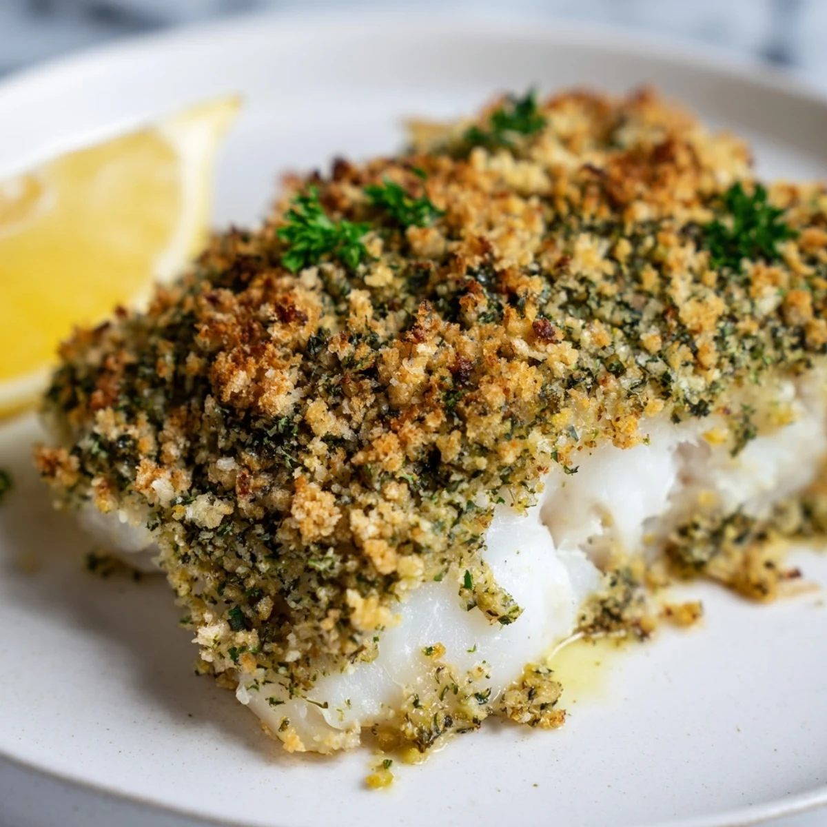 Golden-brown Baked Cod with Herb Crust, flaking perfectly, ready to be served with lemon wedges.