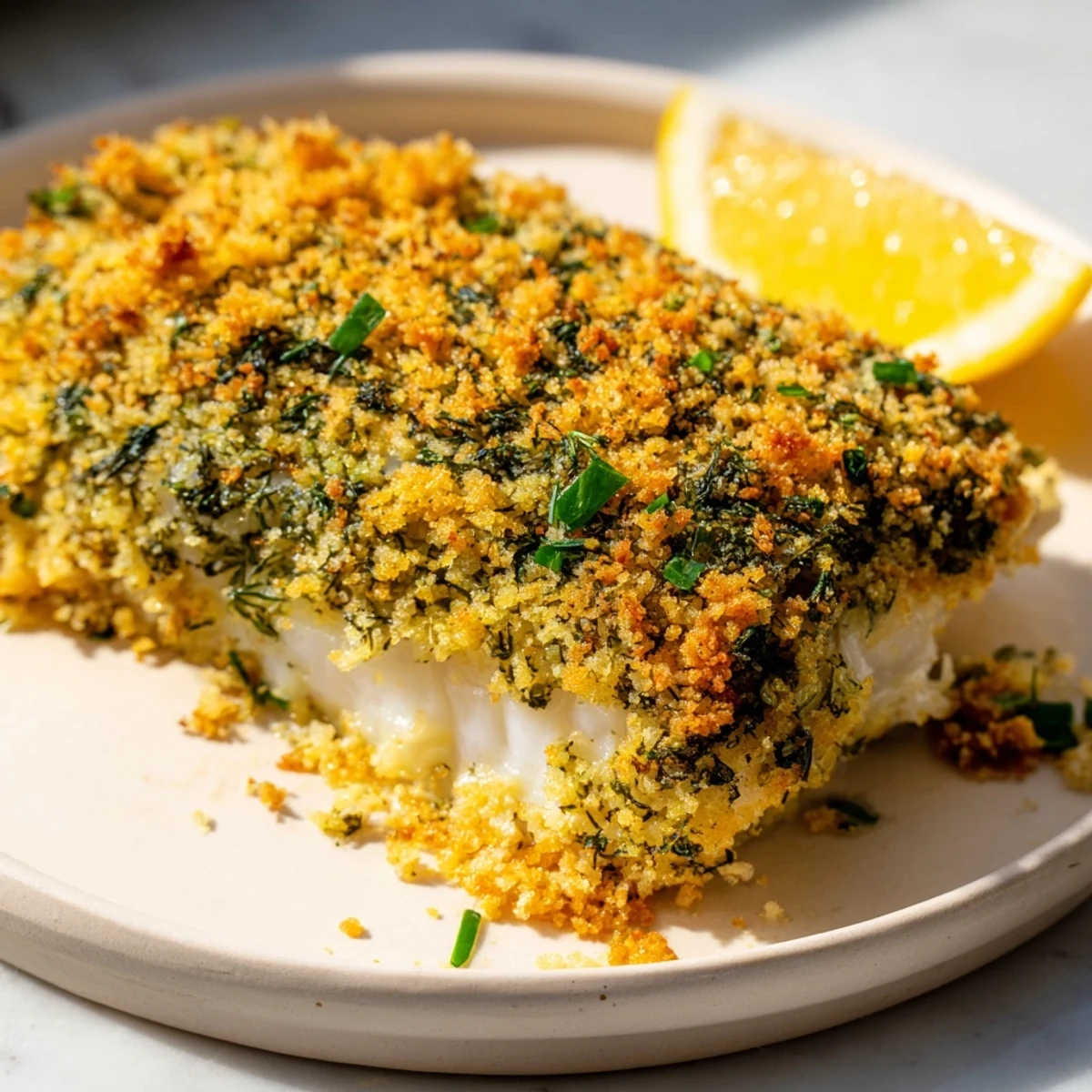 Enjoy the aromatic Baked Cod with Herb Crust, a delicious pescatarian meal with fresh herbs.