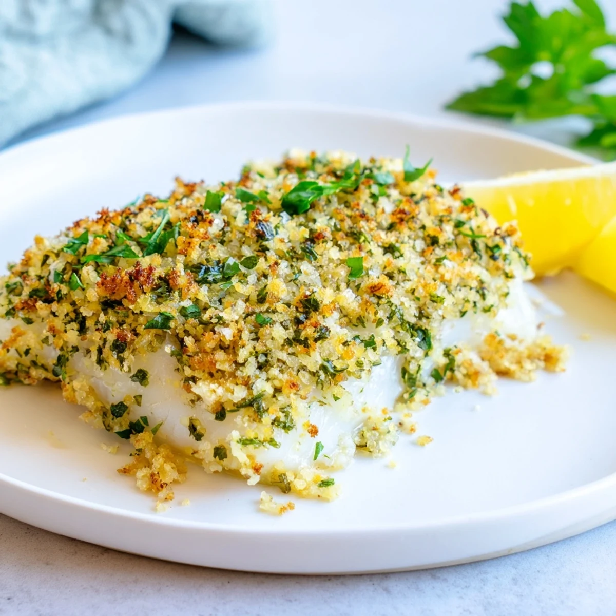 A close-up of flavorful Baked Cod with Herb Crust, the breadcrumb coating crisped to perfection.