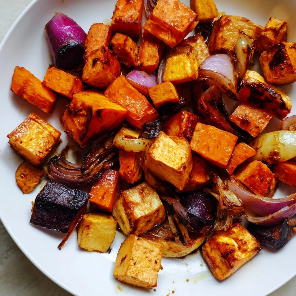 A close-up of vibrant roasted root vegetables with balsamic, ready to serve for dinner.