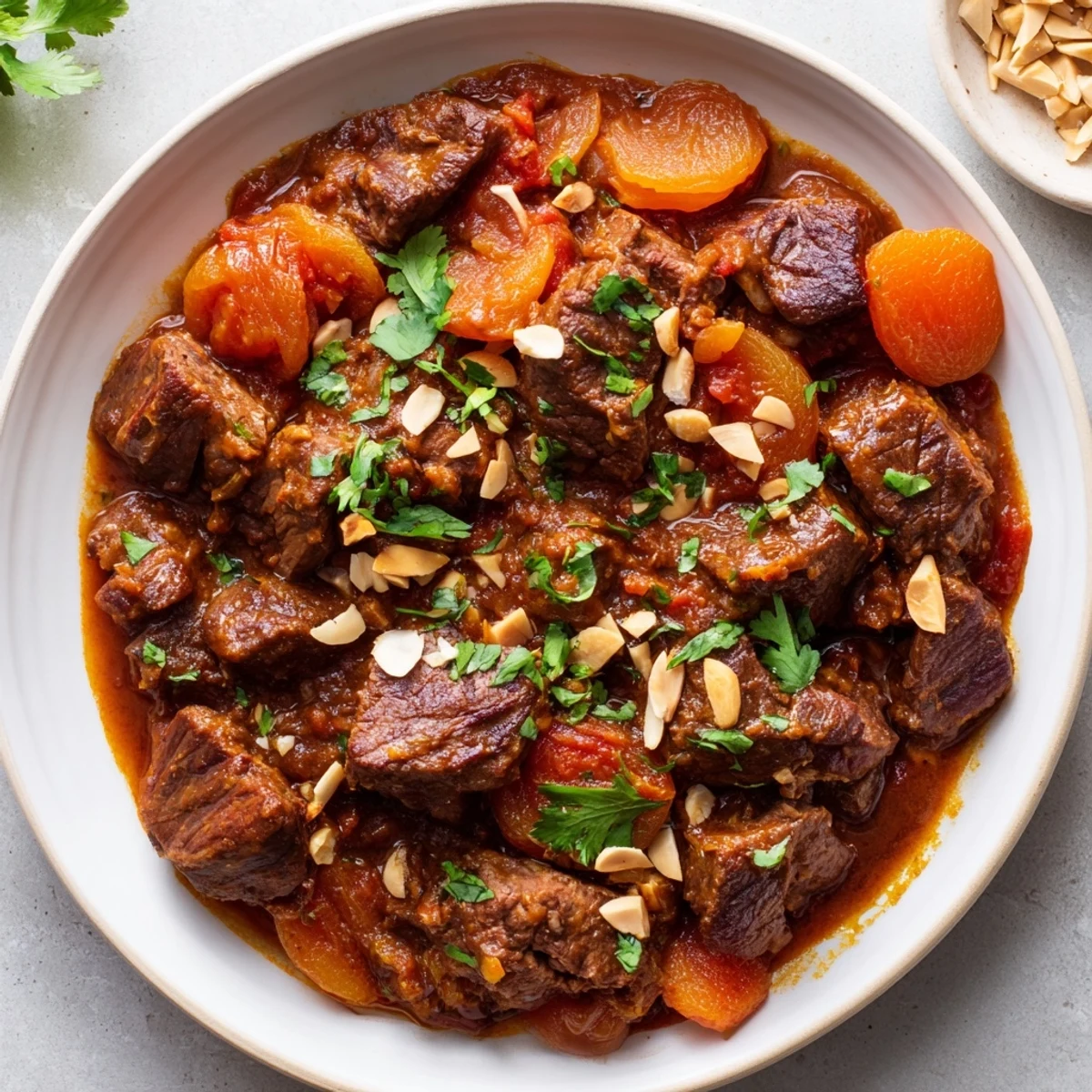 Close-up of savory lamb tagine with apricots; the slow-cooked dish is rich and flavorful.
