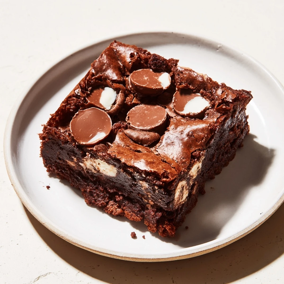 Fudgy Peppermint Patty Brownies, rich dark brown with visible peppermint patties, ready to eat.