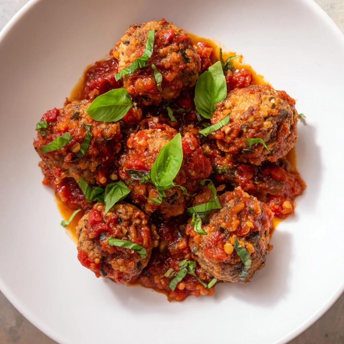 Savory beef meatballs in marinara sauce, glistening and ready to be served over pasta.
