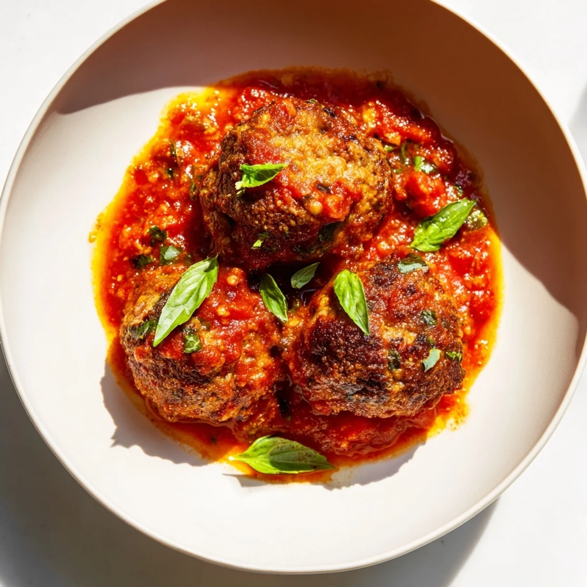 Close-up of hearty beef meatballs simmering in vibrant red marinara sauce, Italian comfort food.