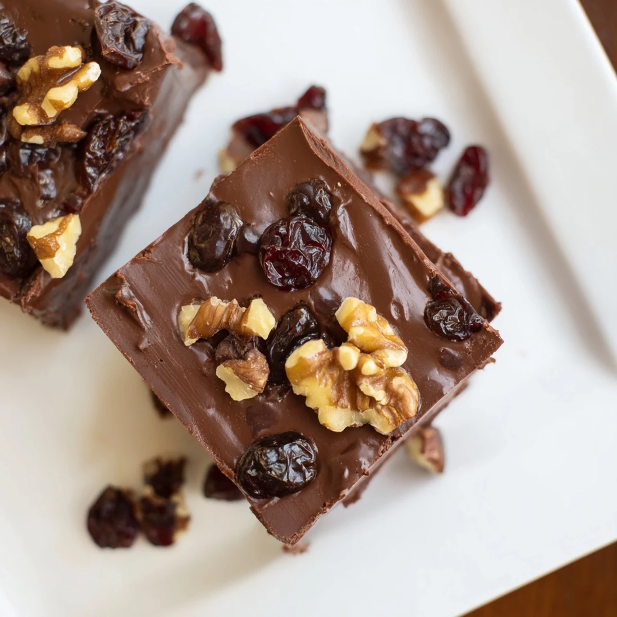 Close-up of decadent Chocolate Cherry Fudge, studded with dried cherries, a perfect dessert.