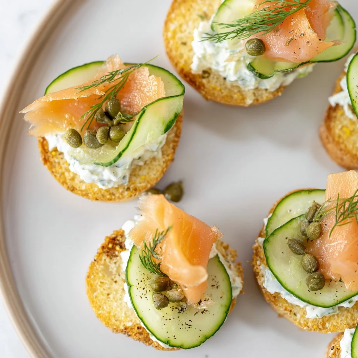 Freshly made savory bite appetizers, showcasing a peek of smoked salmon and caper garnishes.