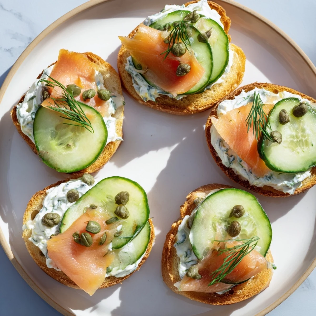 Savory bite appetizers with smoked salmon: colorful, flavorful treats on toasted baguette.
