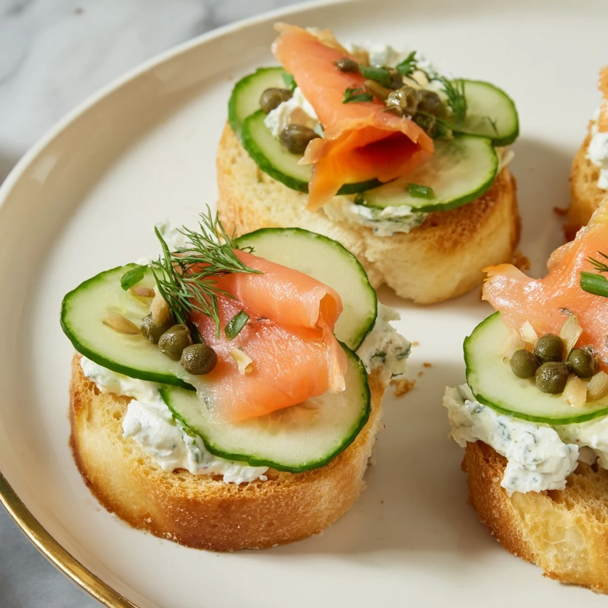 Herbed cream cheese tops these savory bite appetizers, featuring sliced cucumber and dill sprigs.