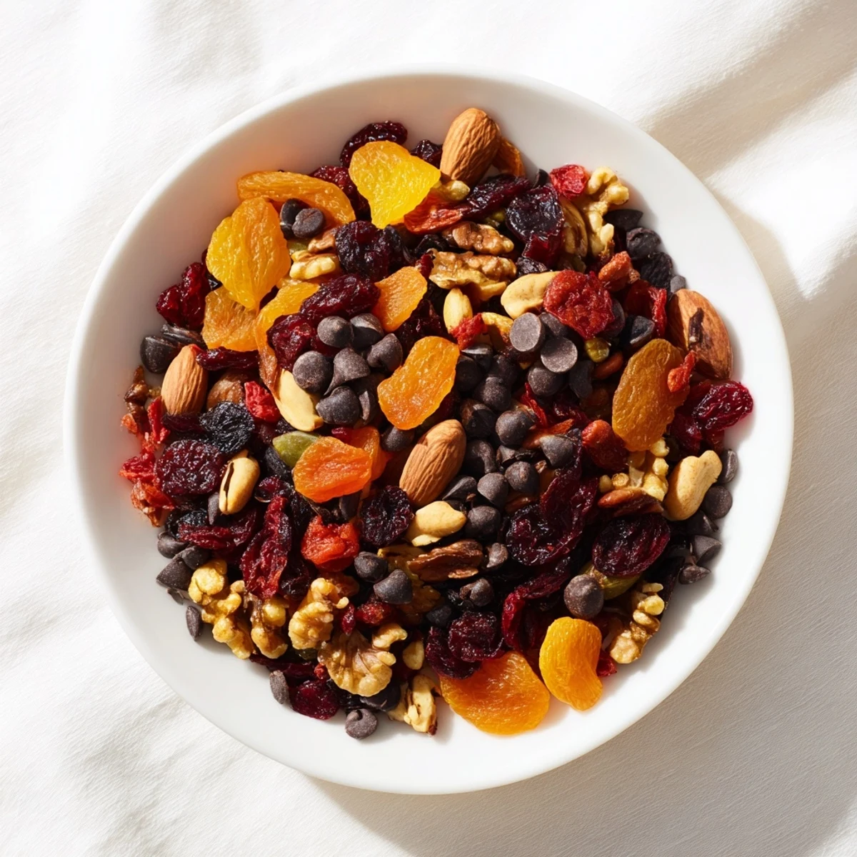 A colorful close-up of Cranberry Dried Fruit Trail Mix with chewy cranberries and nuts.