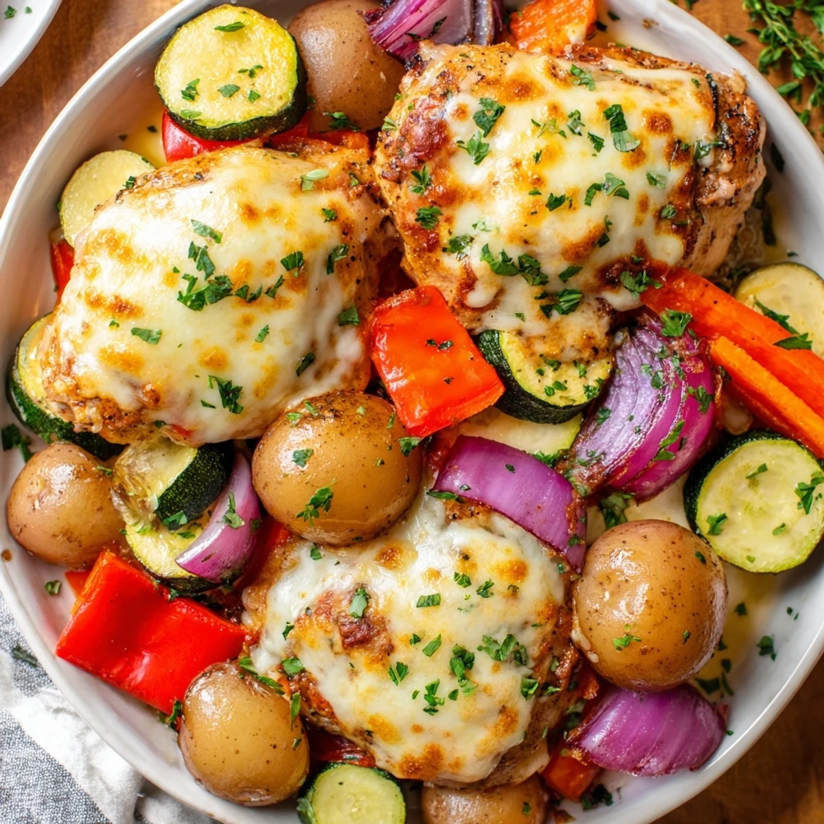 Baked Perfection Dish bubbling with golden cheese, tender chicken, and roasted vegetables, ready to serve.