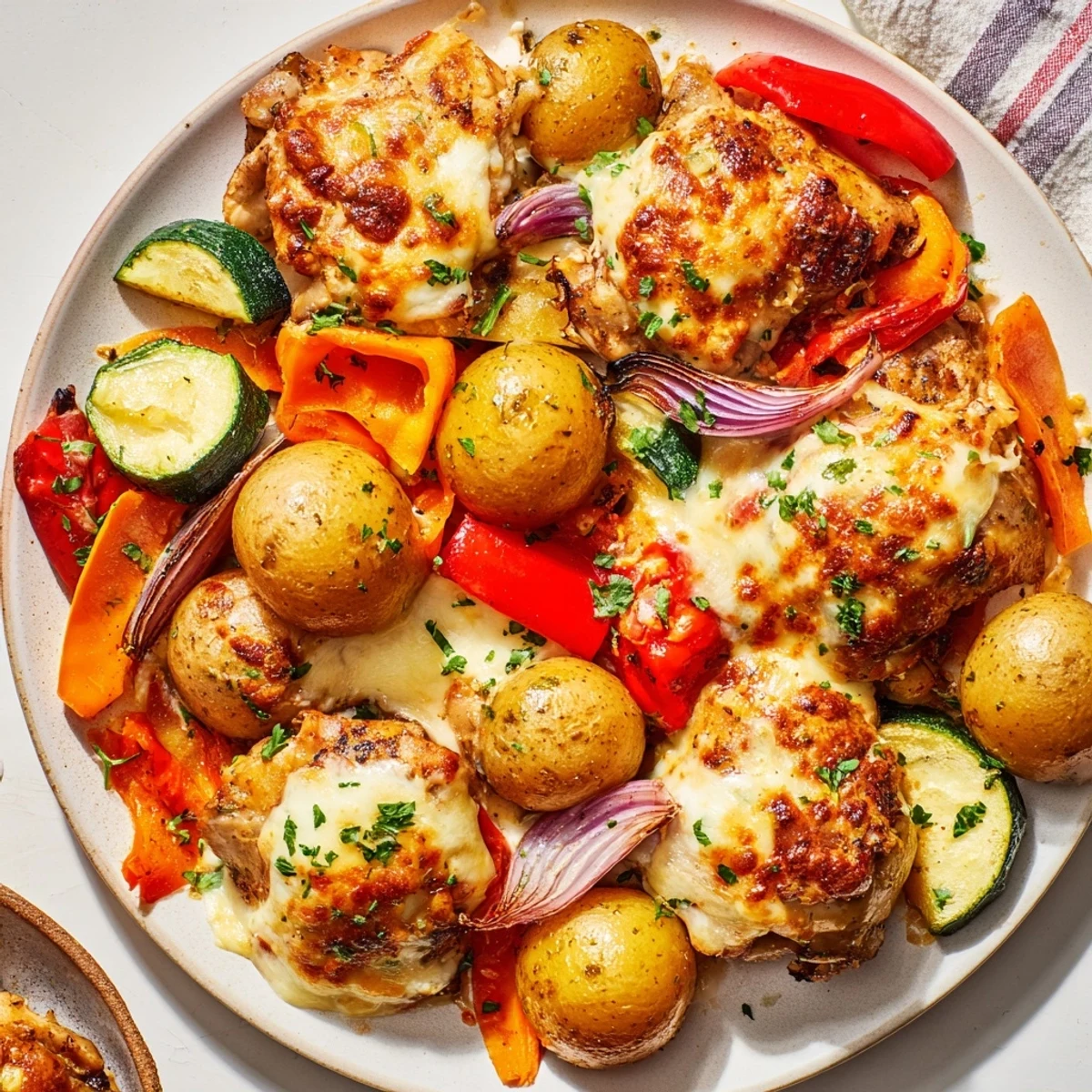 A warm, inviting image of Baked Perfection Dish: chicken and vegetables perfectly baked in a single pan.