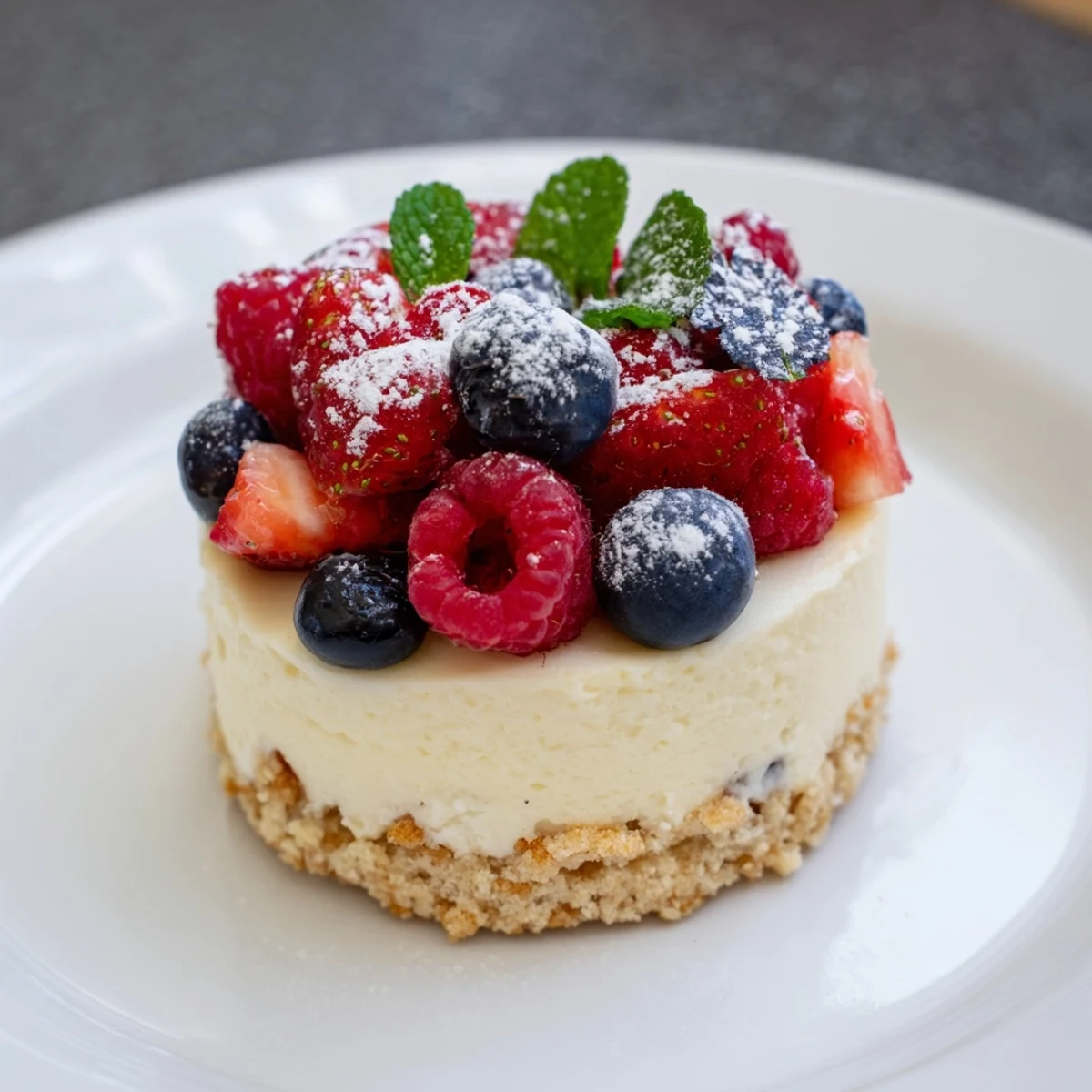This Creamy Delight Dessert shows a rich, chilled dessert layered with biscuit base and fresh berries.