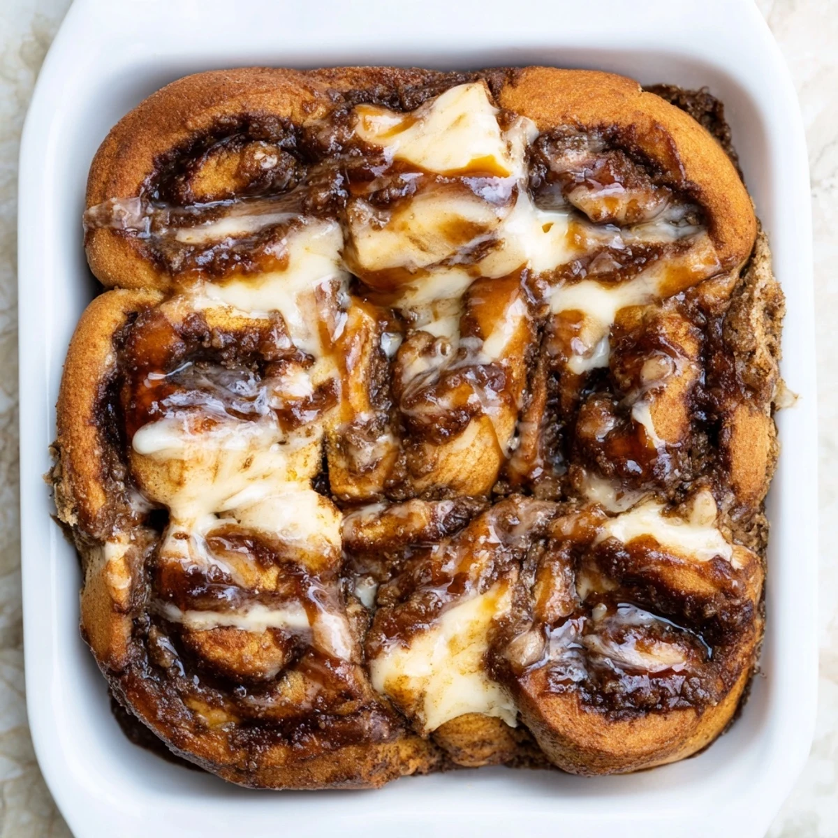 Warm, golden brown Cinnamon Roll Casserole bubbling after baking, ready to be drizzled with icing.