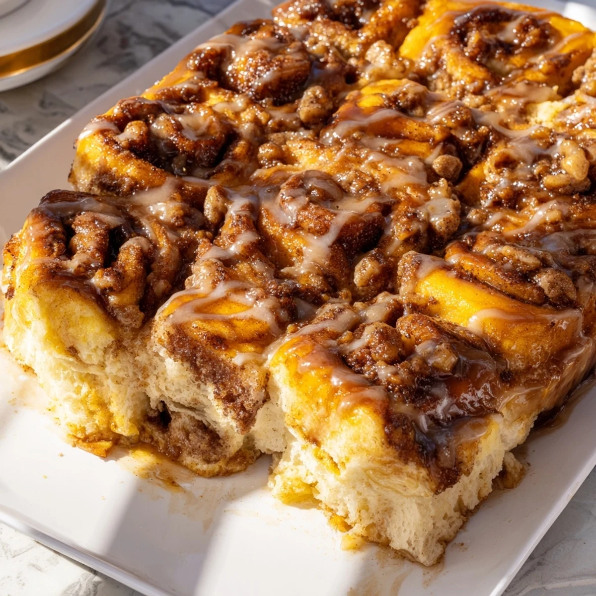 Drizzled icing over warm, fluffy Cinnamon Roll Casserole, a perfect sweet brunch treat.