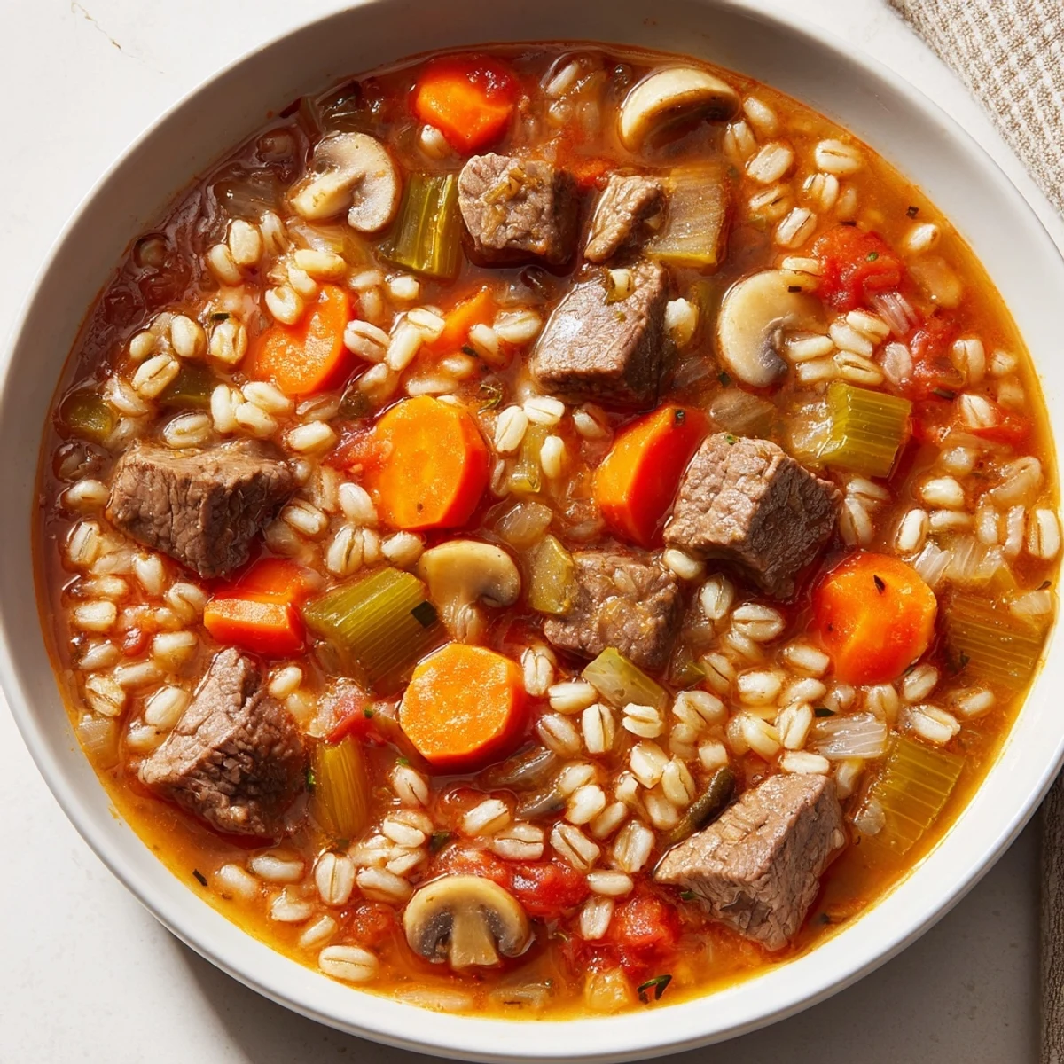 A steaming bowl of Beef Barley Soup, showcasing tender beef and hearty vegetables.
