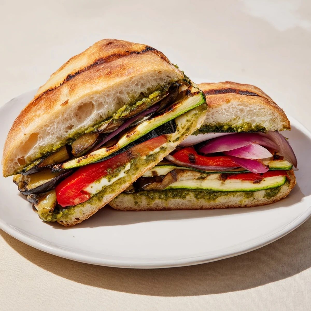 Imagine a vibrant Vegetable Panini with colorful grilled peppers and gooey melted cheese, ready to enjoy.