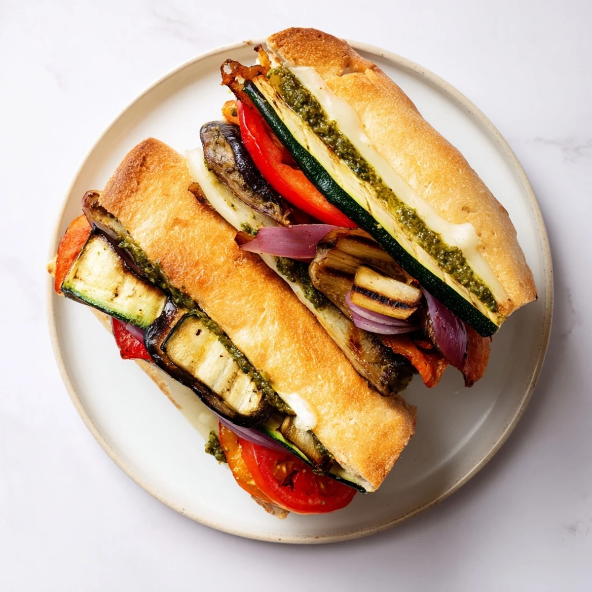 Crispy, golden Vegetable Panini, overflowing with grilled veggies and melting mozzarella, ready to eat.
