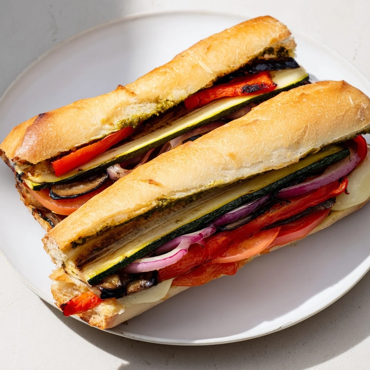 A delicious, warm Italian Vegetable Panini featuring grilled zucchini and flavorful pesto, perfect for lunch.