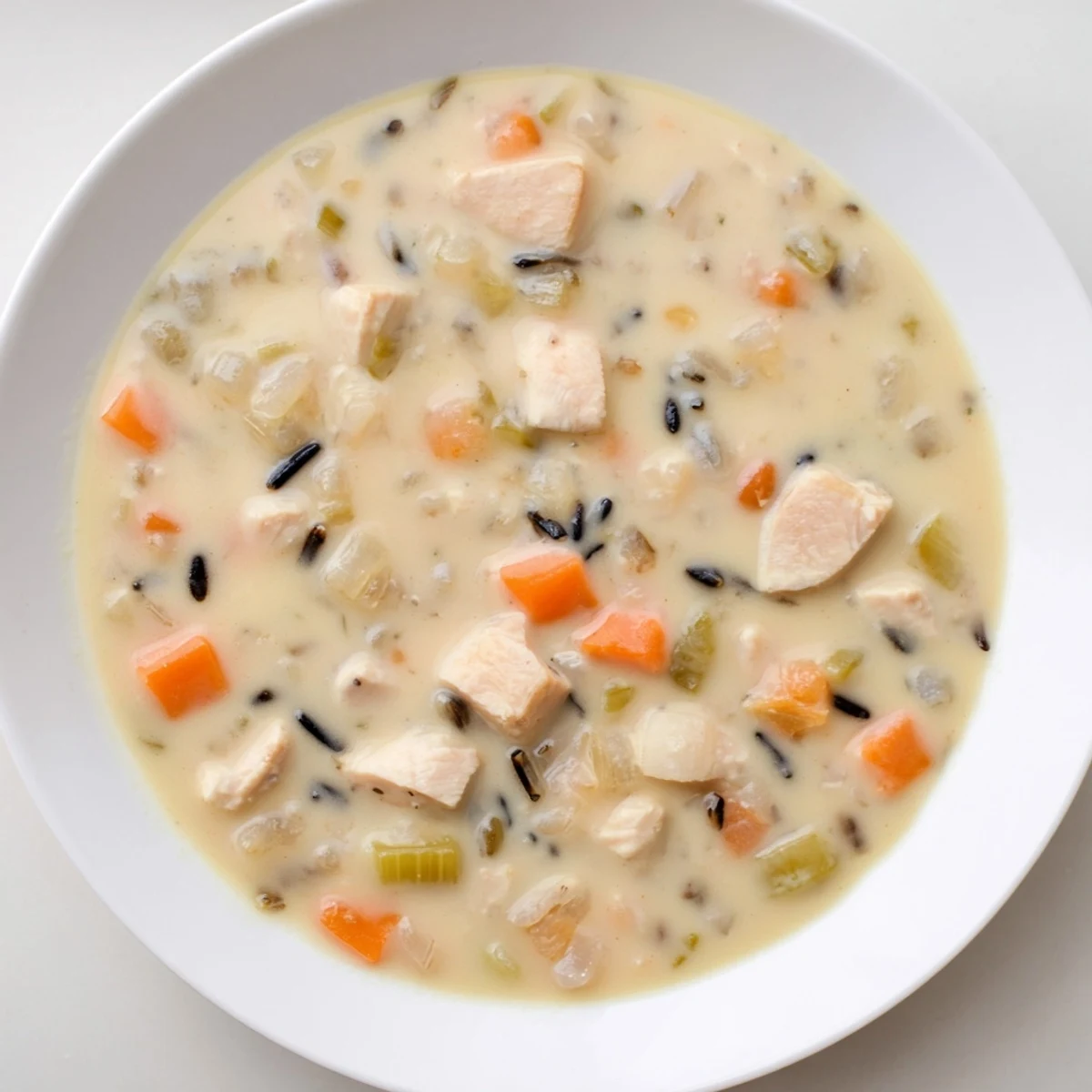 A steaming bowl of Chicken Wild Rice Soup, showcasing the ingredients' textures and warm broth, ready to eat.