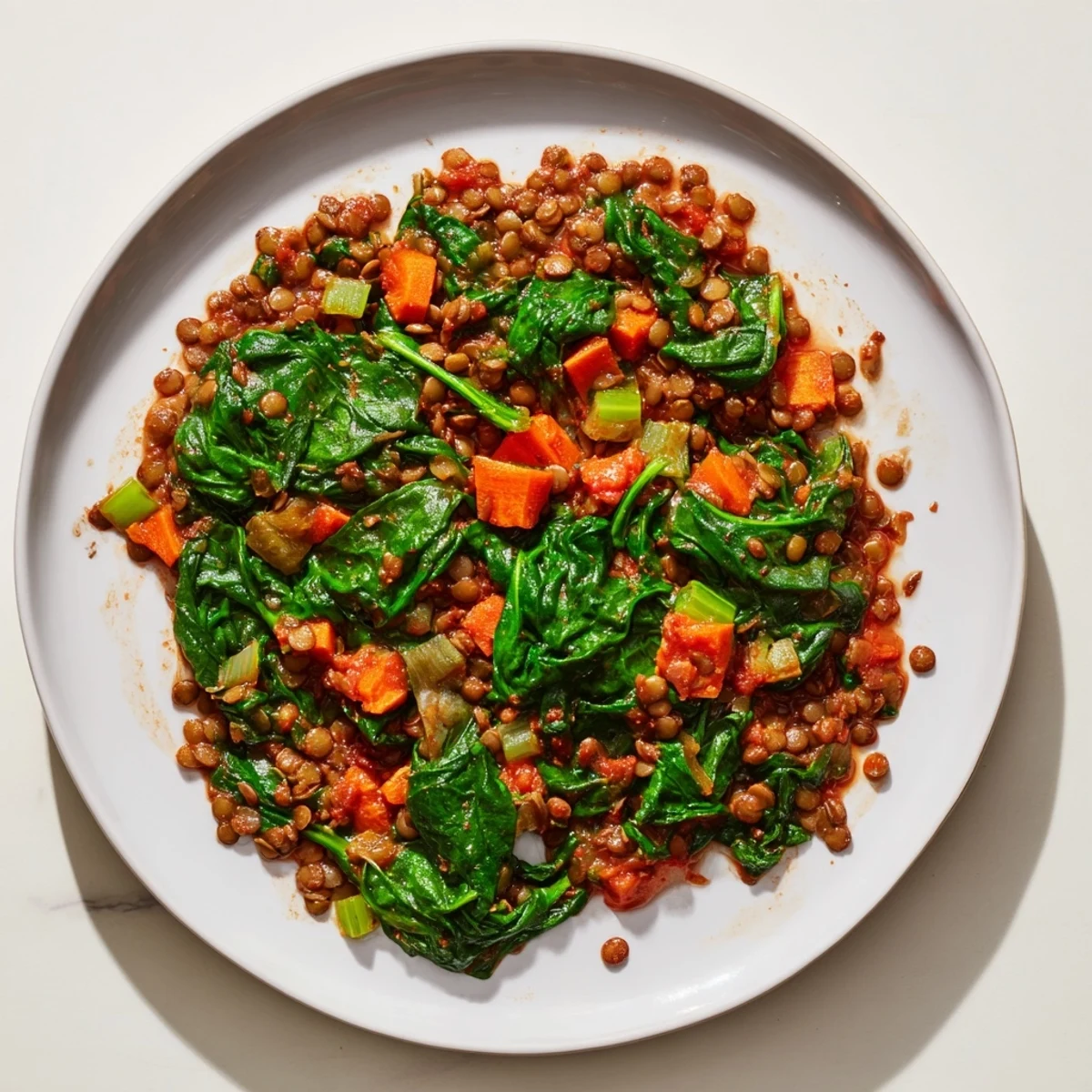 Steaming bowl of Lentil Spinach Stew, rich with vegetables and hearty lentils, ready to serve.