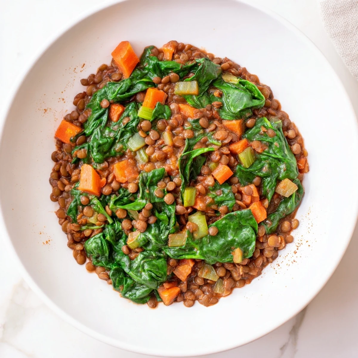 A vibrant, close-up of Lentil Spinach Stew, showcasing tender lentils and fresh, green spinach.