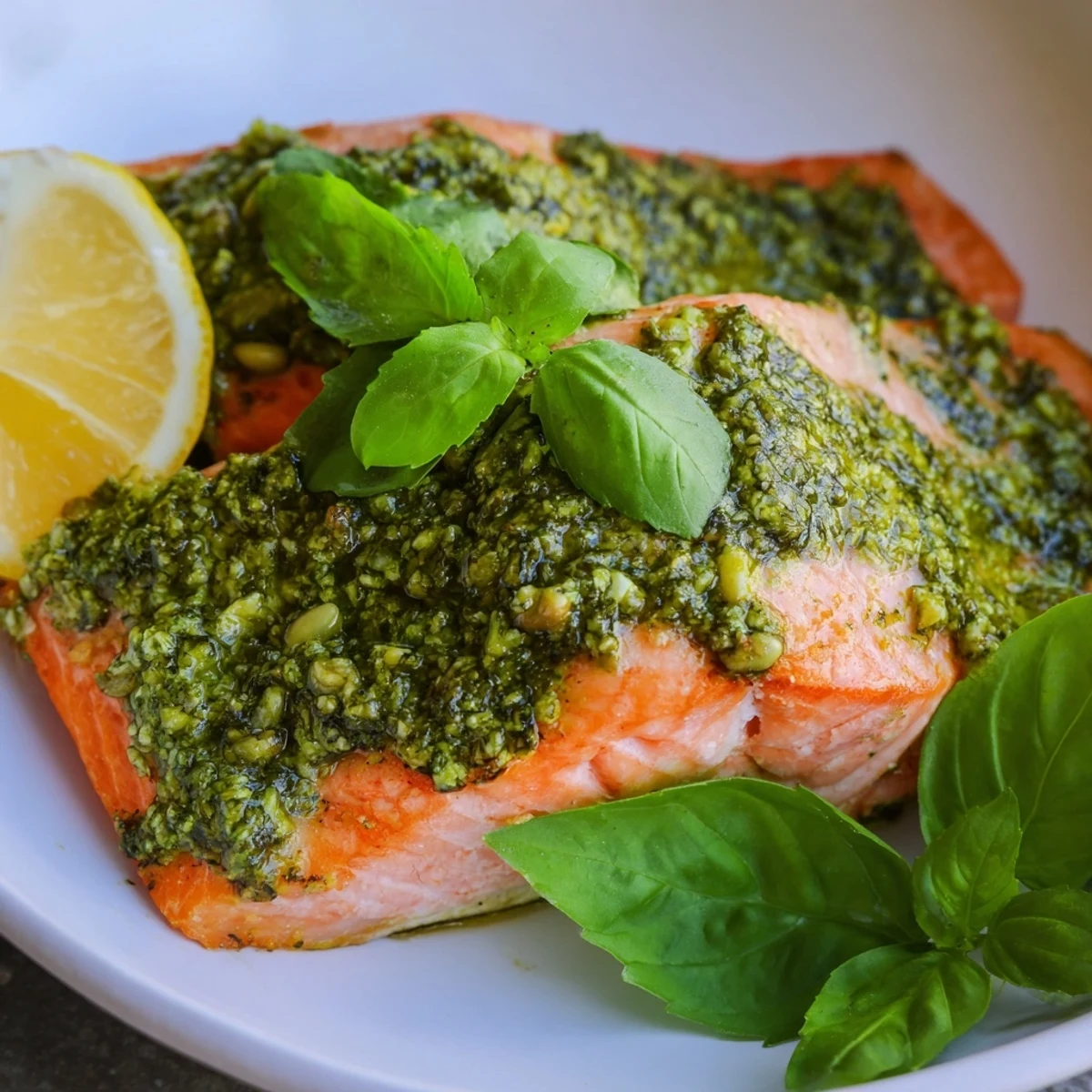 Flaky Baked Salmon with Pesto, glistening with vibrant pesto, ready for serving with lemon wedges.