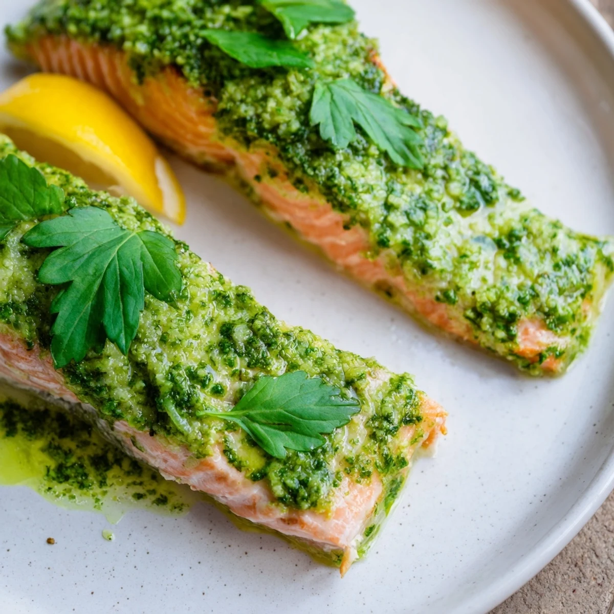 Perfectly baked salmon topped with green pesto, a delicious Mediterranean main course ready to be enjoyed.