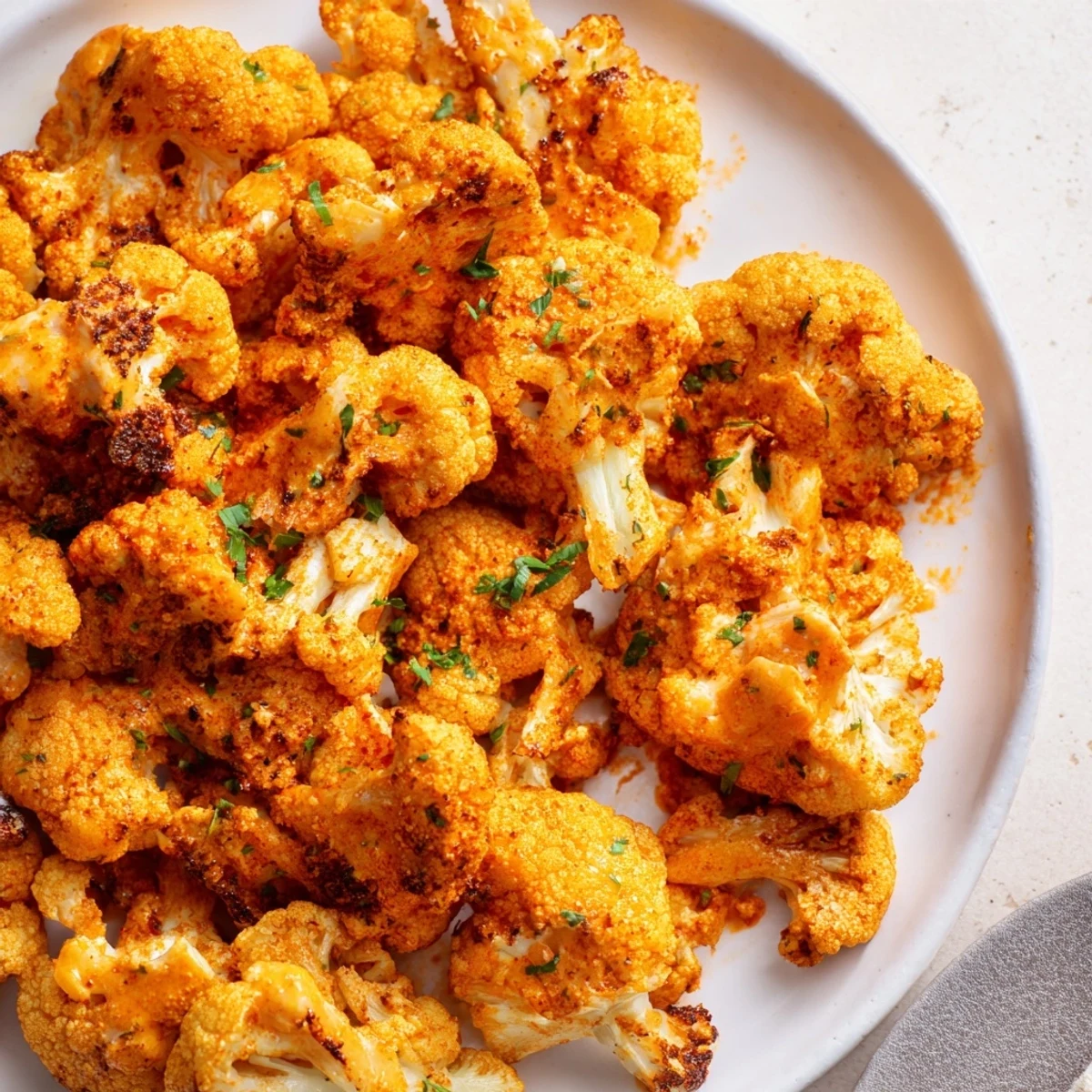 Crispy, golden-brown Buffalo Cauliflower coated in spicy buffalo sauce, ready to serve and enjoy.