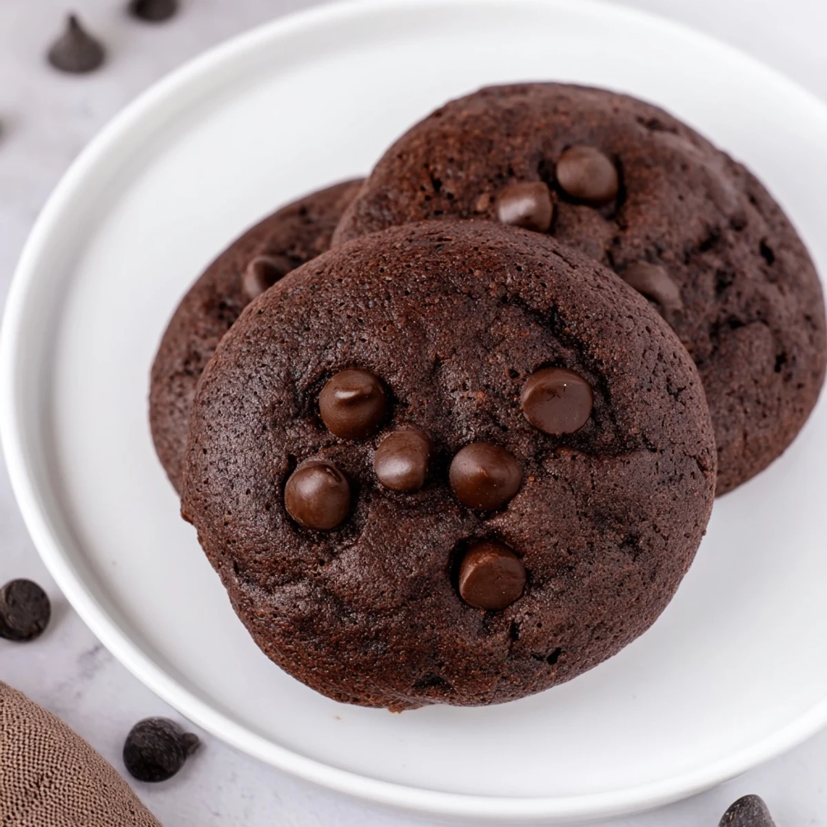 Warm, chocolatey Mocha Cookies fresh from the oven, glistening with melted chocolate chips.