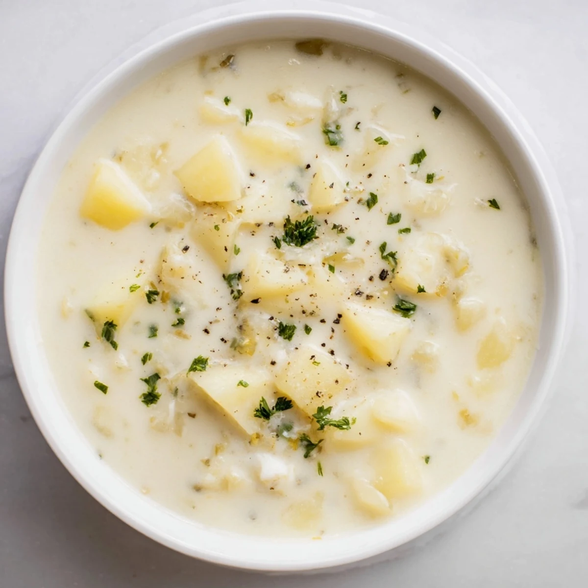 Creamy potato soup, garnished with fresh parsley, looks warm and inviting.