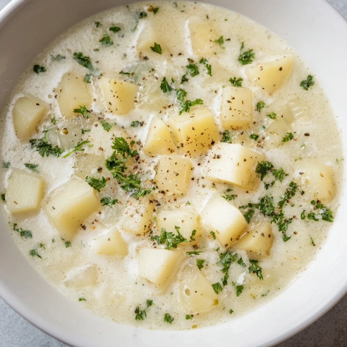 A bowl of velvety potato soup, perfect comfort food for a chilly evening.