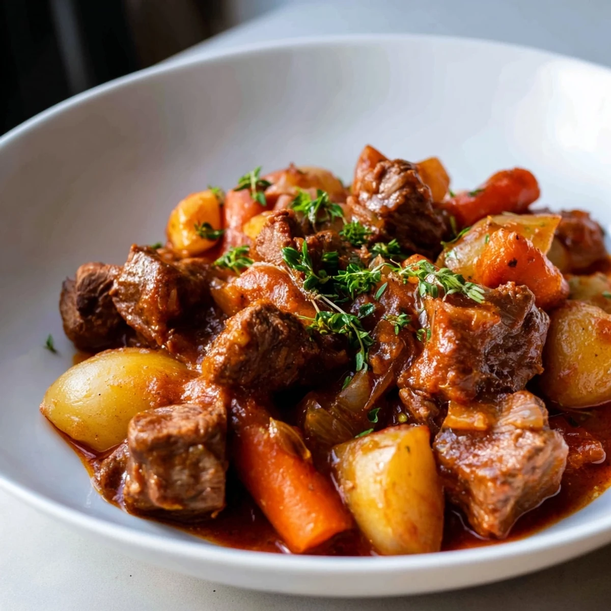 A close-up of a bubbling lamb and potato stew, garnished with fresh, bright green parsley.