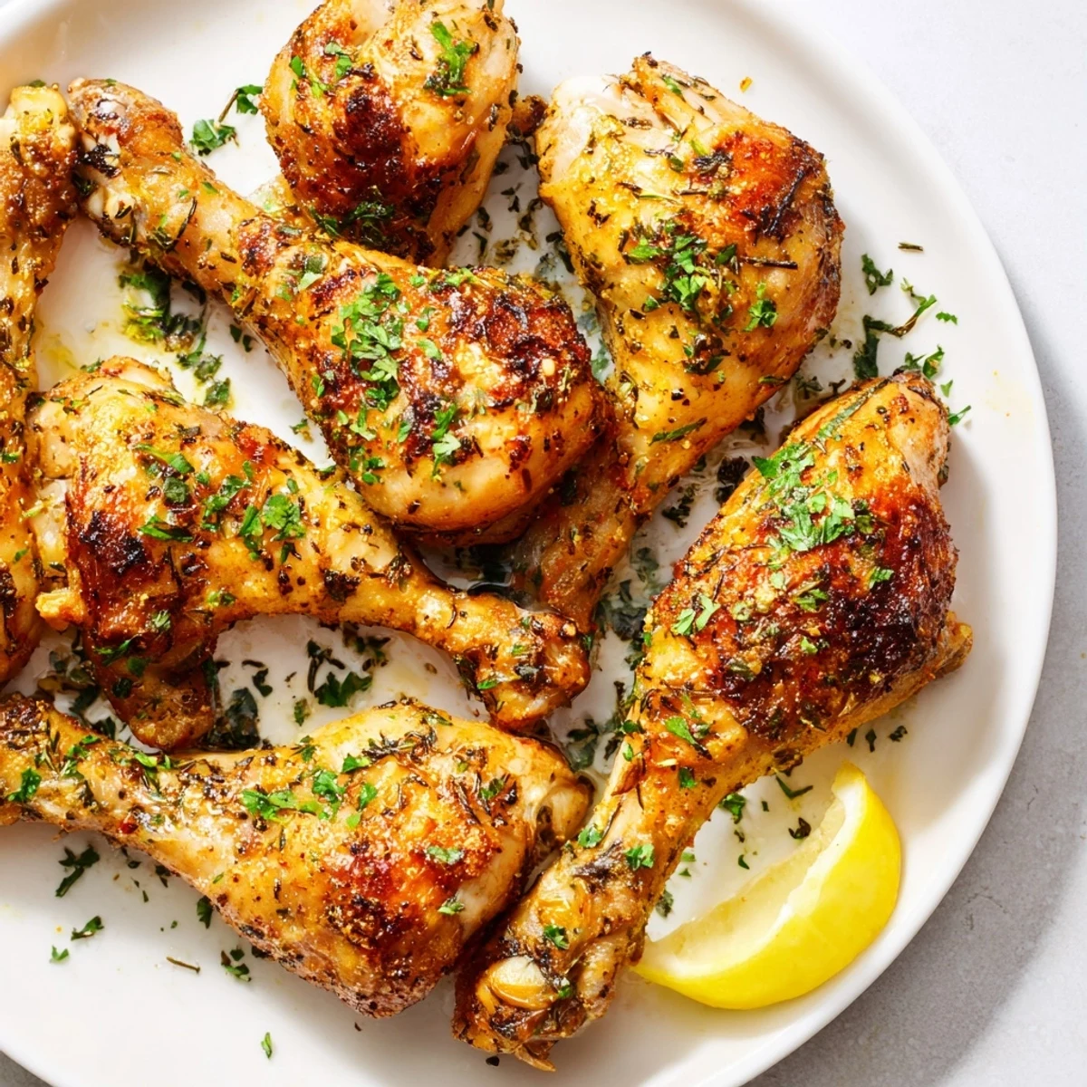 Family-style shot of delicious chicken drumsticks, crispy skin, marinated in flavorful spices, a gluten-free main course.