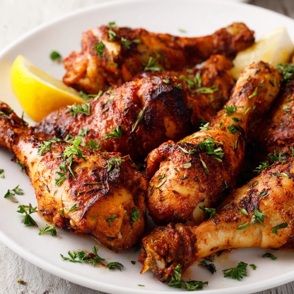 Savory herb-infused chicken drumsticks, roasted to perfection, ready to be served with fresh parsley and lemon wedges.