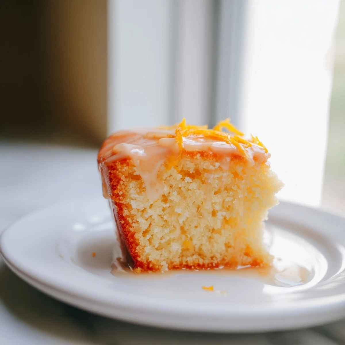 A slice of moist orange cake, the vibrant fresh baked dessert, ready to be enjoyed.
