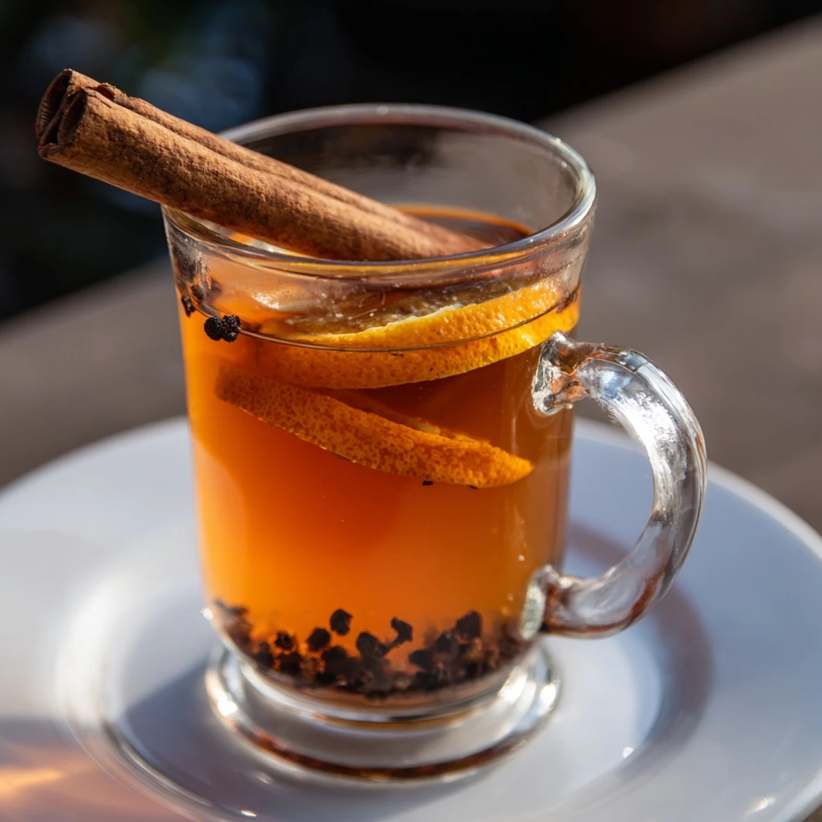 Steaming mugs of spiced cider, a cozy fall drink with cinnamon and orange slices.