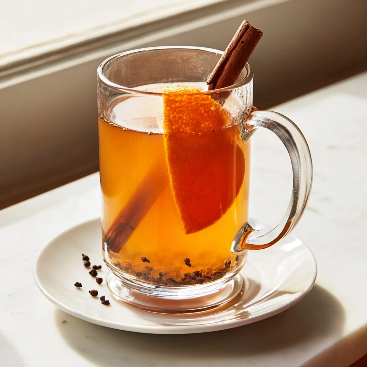 Warm spiced cider simmering in a pot, ready with cloves and other fragrant spices.