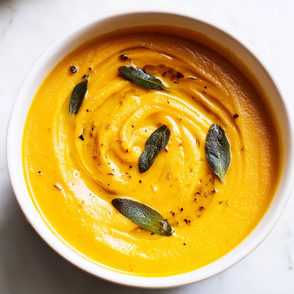 A bowl of creamy Sage Squash Soup, garnished with fresh sage leaves for a flavorful, warm meal.