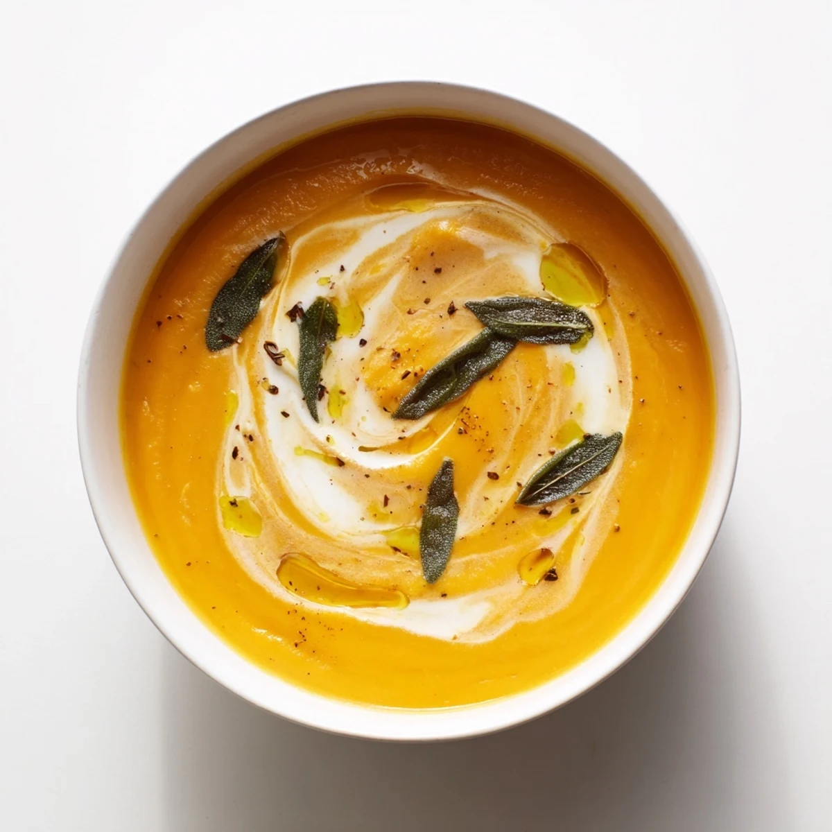 Golden, smooth Sage Squash Soup, perfect for a cool evening, offering comforting, savory aromas and taste.