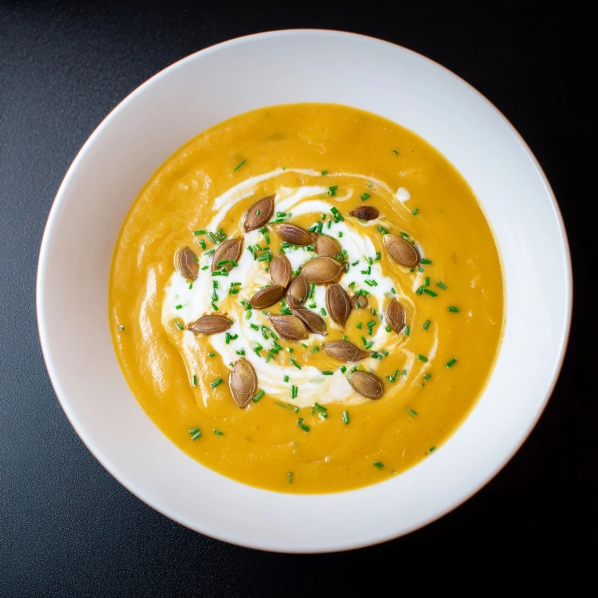 Creamy pumpkin soup, a steaming bowl topped with fresh chives, ready to eat.