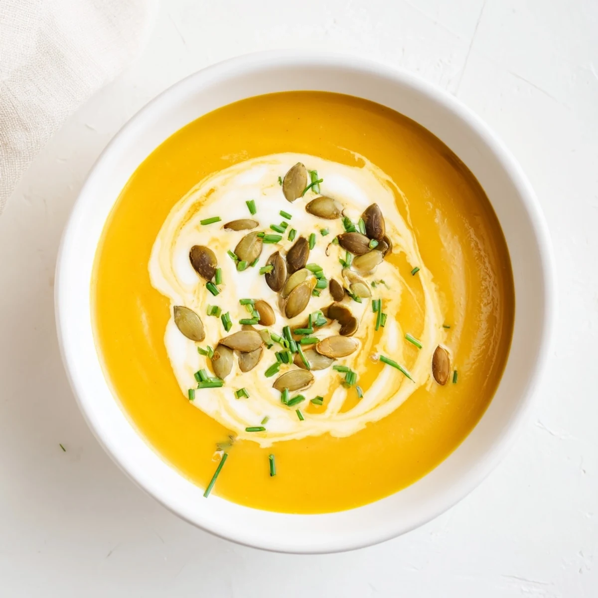 A close-up shot of rich and velvety pumpkin soup, garnished with roasted pumpkin seeds.