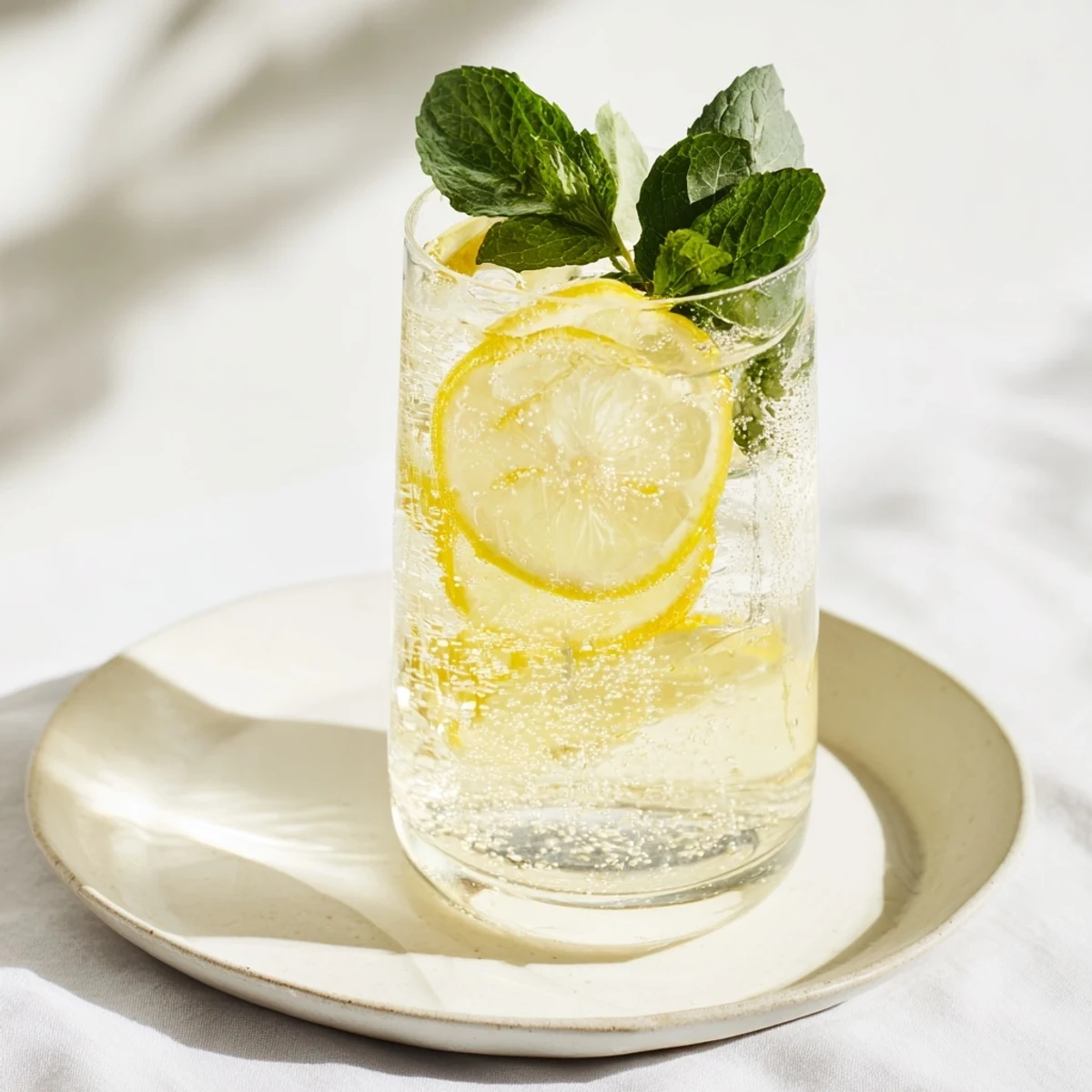 Freshly made lemonade, served in a glass over ice with lemon slices, a summer favorite.