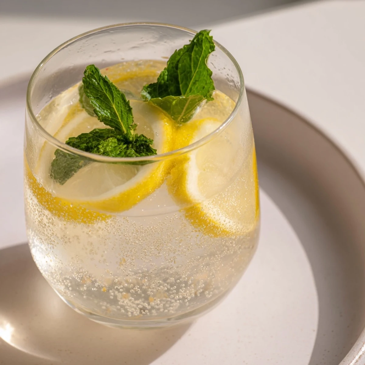 Bright yellow lemonade with mint garnish, offering a tangy and sweet summer treat.